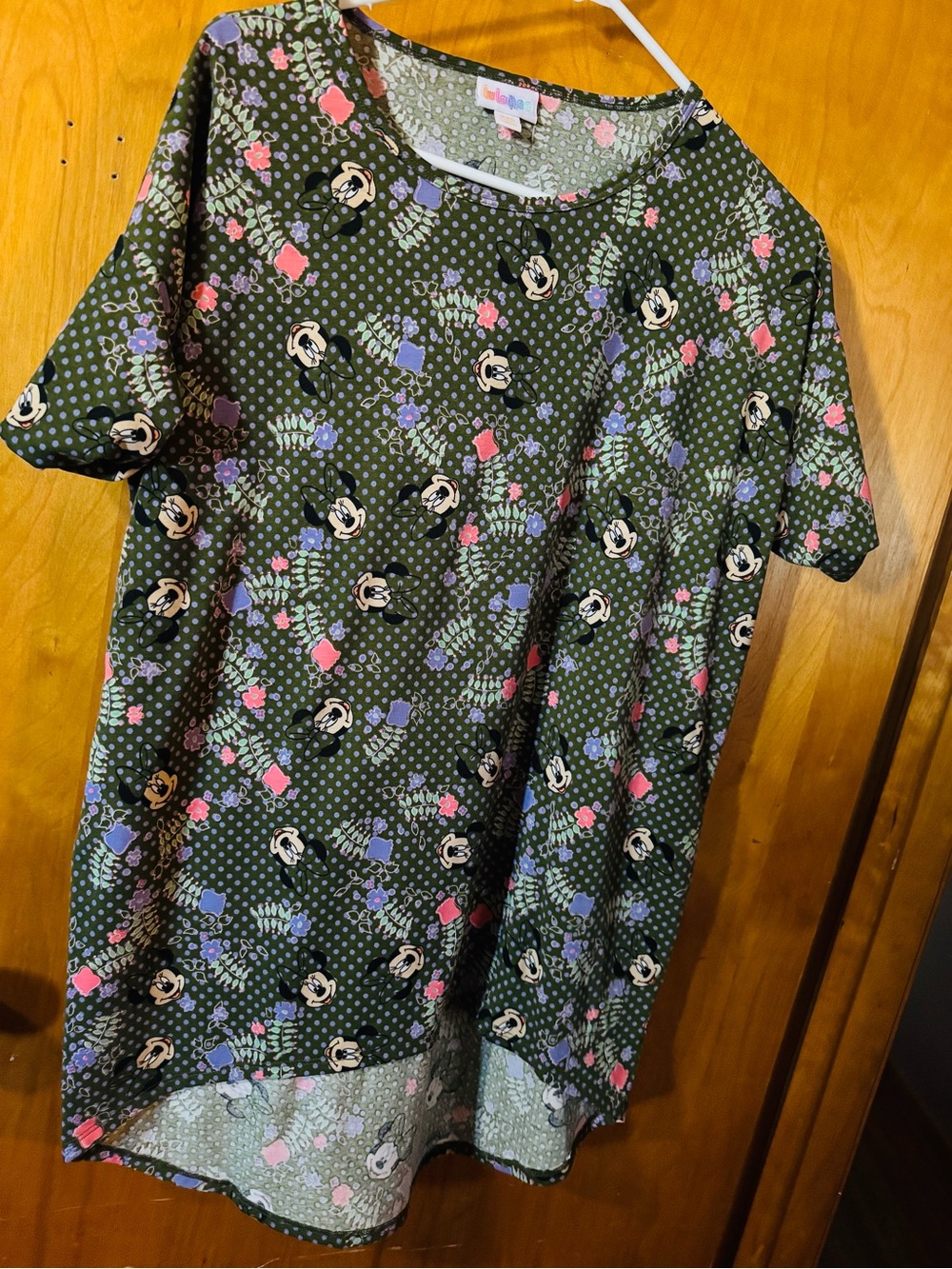 LuLaRoe Olive Green Short Sleeve Tee with Floral & Character Print